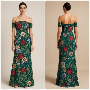 Sachin + Babi Emerald Green Floral Strapless Off-Shoulder Gown